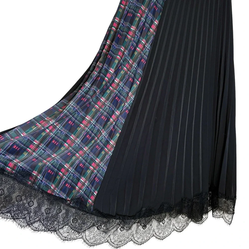 Zero Degrees Celsius Pleated Plaid Lace Skirt S Preppy Steampunk Midi Whimsigoth